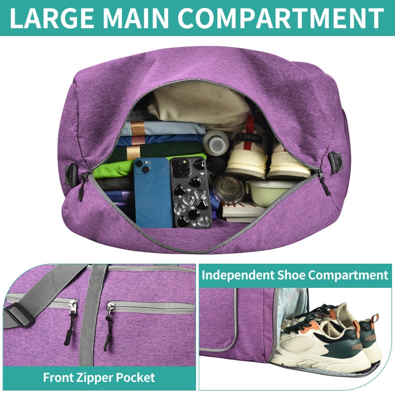 Dimayar 65L Travel Duffle Bag for Men Women - Foldable Duffel Bag with Shoes Compartment - Overnight Bags Waterproof & Tear Resistant(Purple) - Image 4